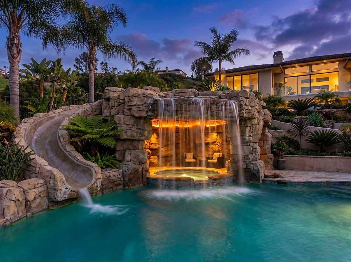 Pool grotto cave with waterfall and hidden spa