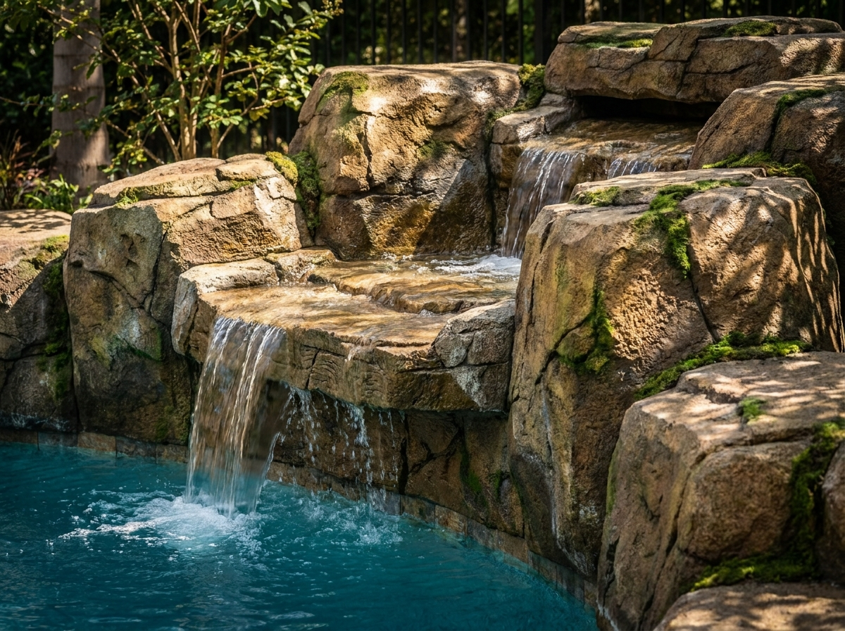 Hand-sculpted rock waterfall feature