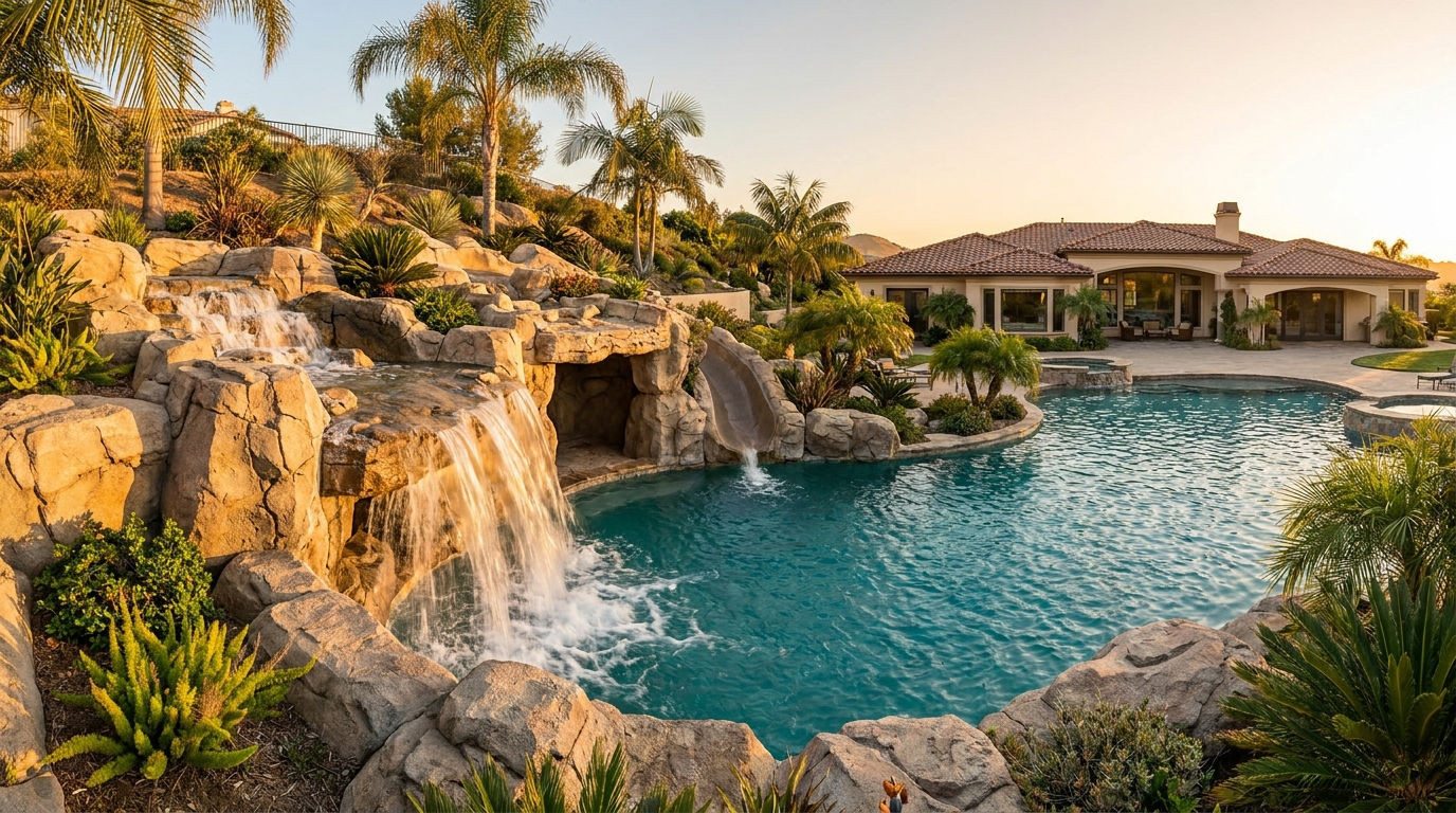 Luxury backyard pool remodel with slide