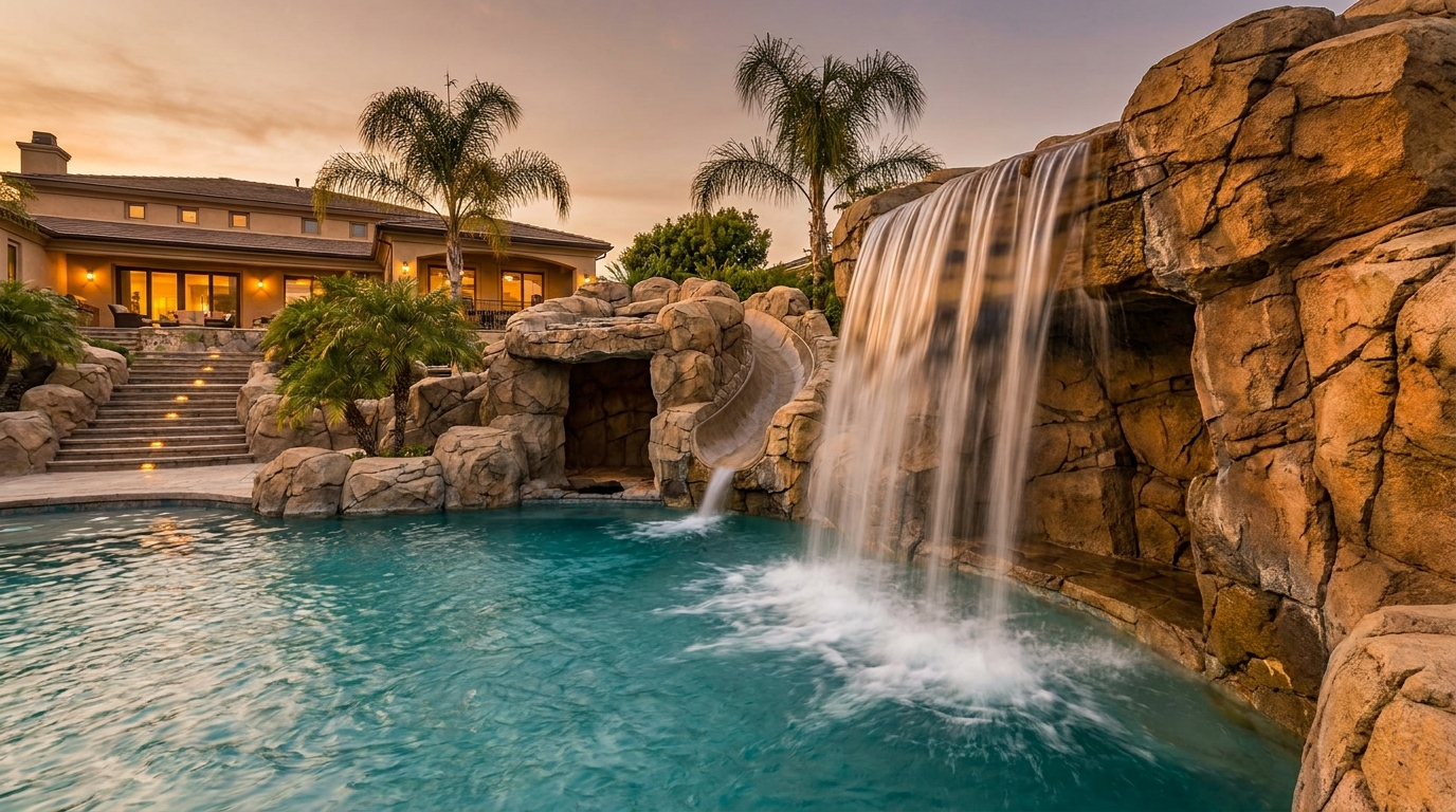 Backyard pool with sculpted rock waterfall and grotto at dusk